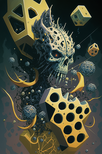 a skull with many holes and yellow dice