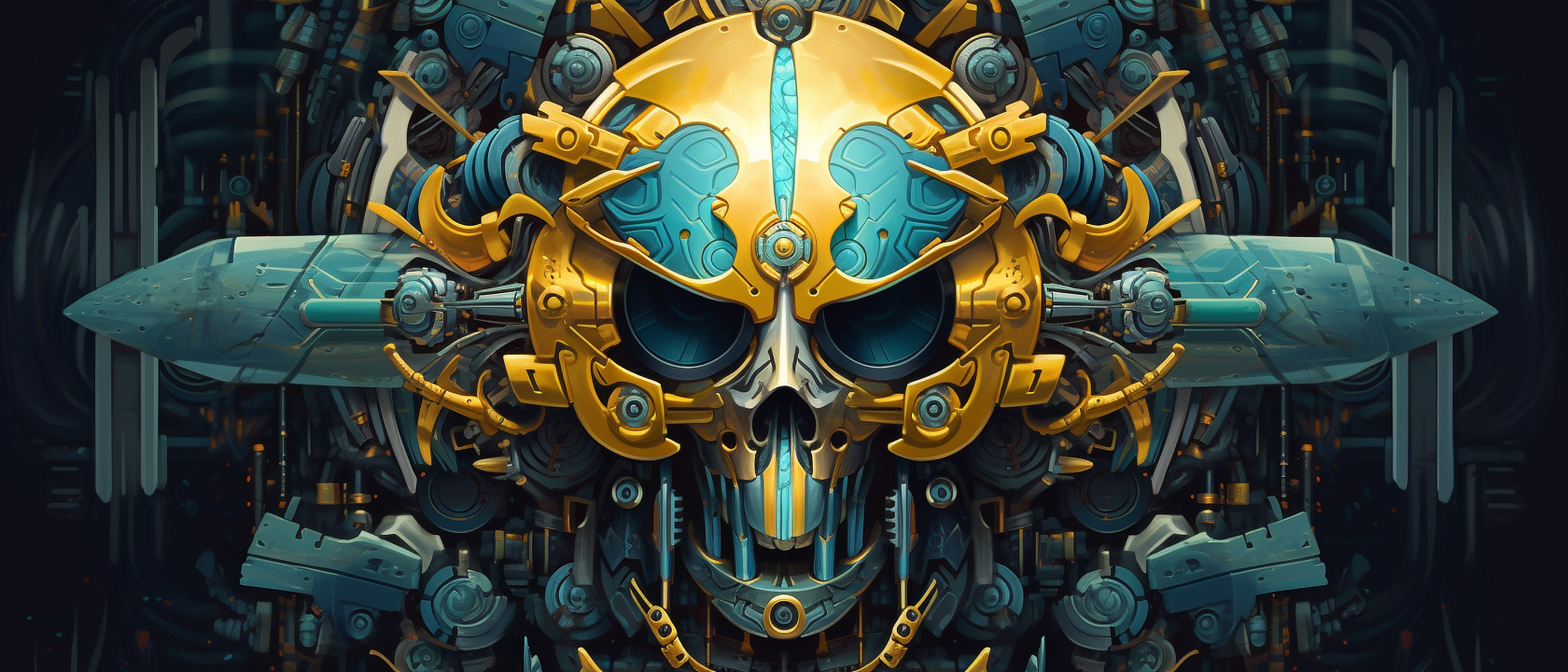 a gold and blue skull with blue and green metal parts