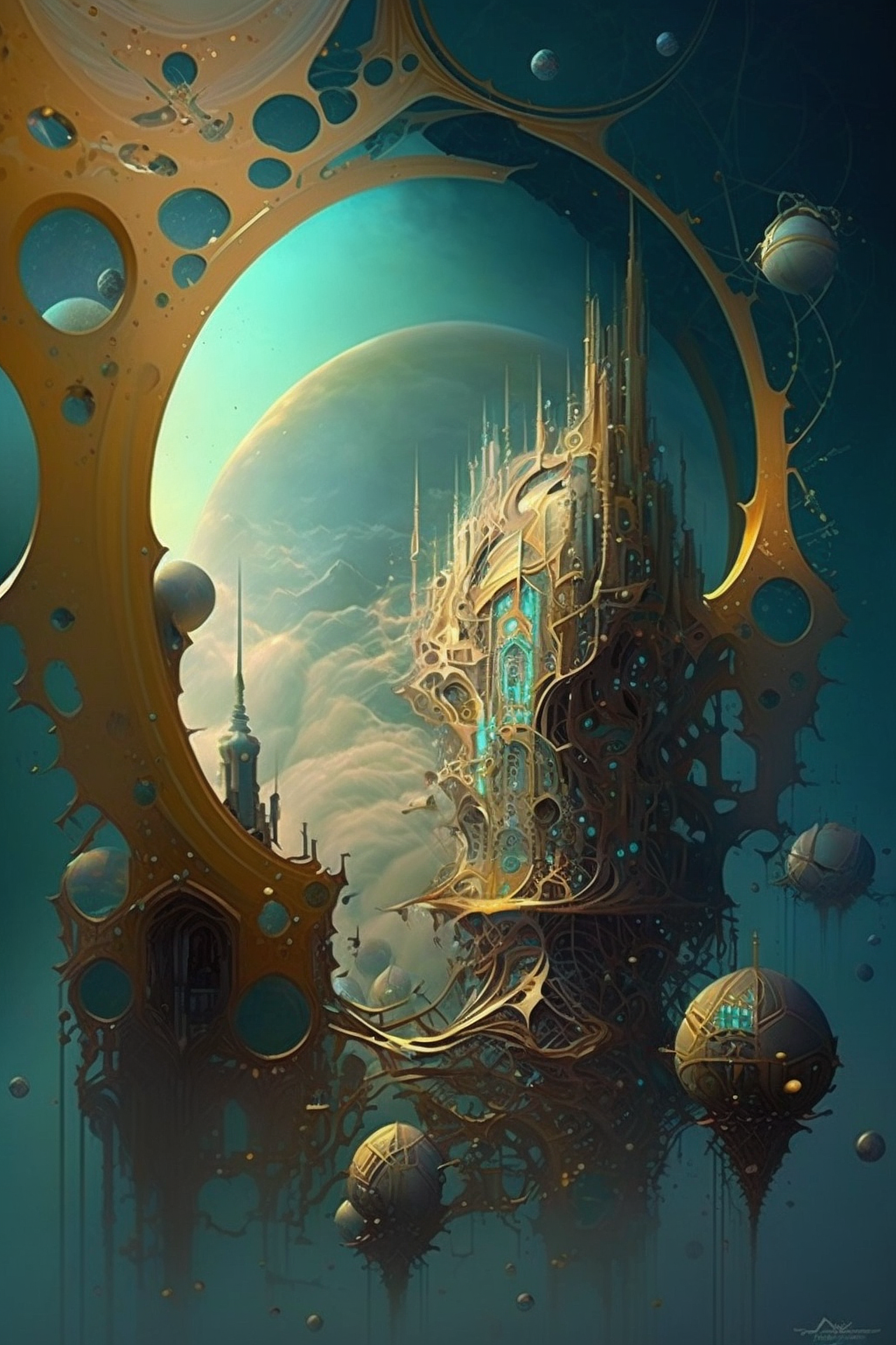 a gold and blue fantasy landscape