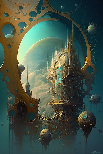 a gold and blue fantasy landscape
