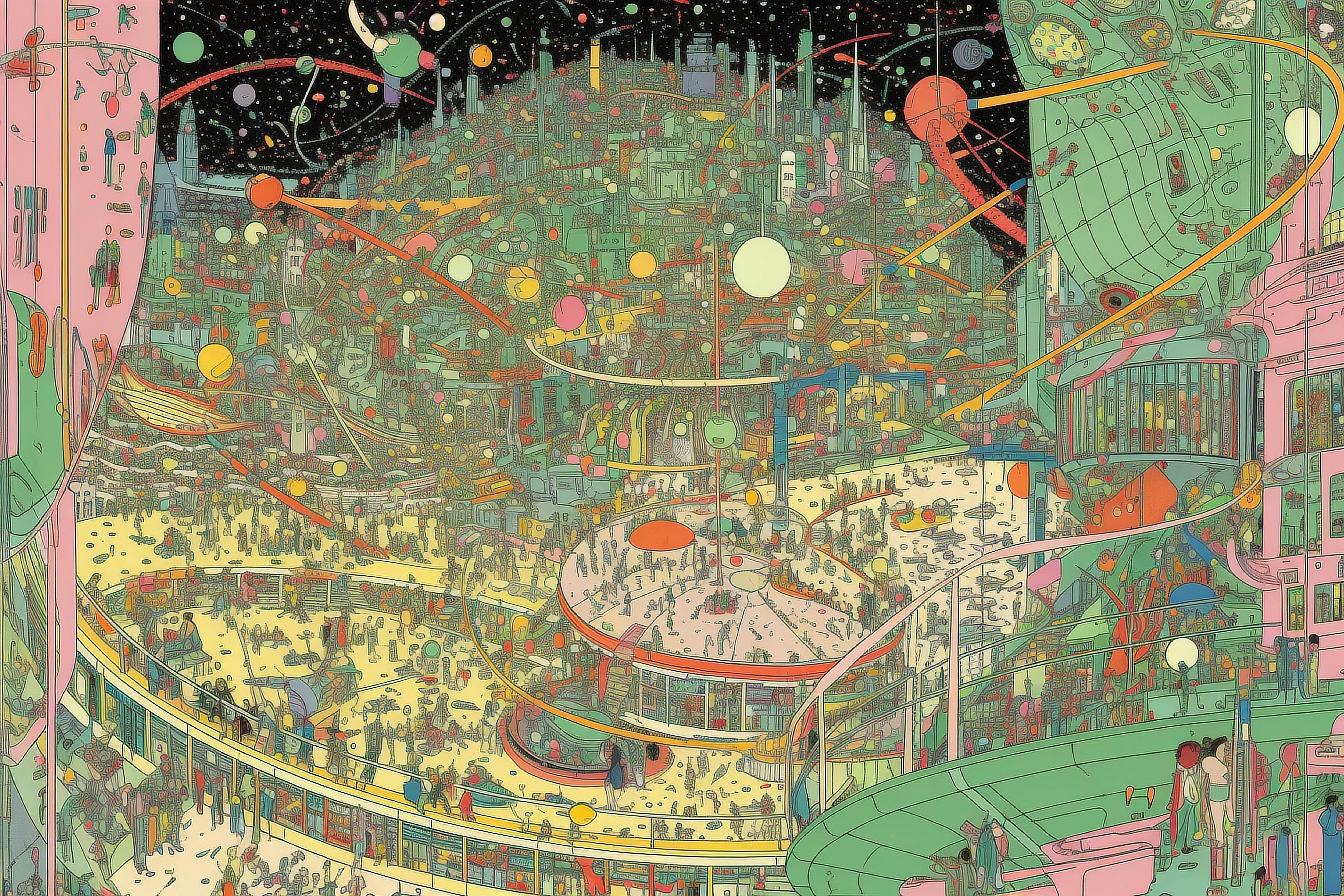 a large city with many buildings and many colorful objects