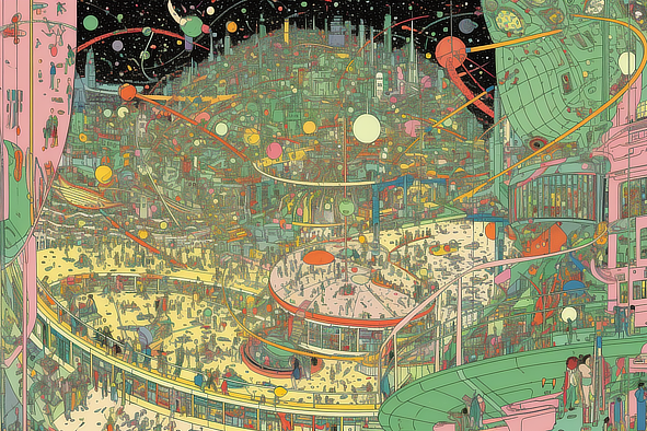 a large city with many buildings and many colorful objects