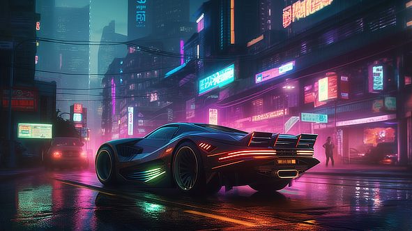 a sports car on a wet street in a city